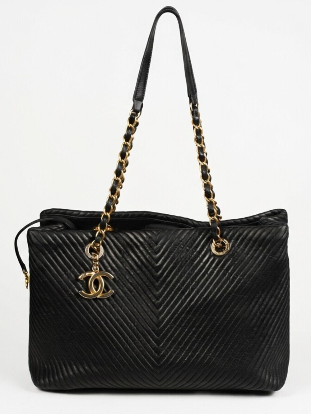 Chanel Surpique Chevron Calfskin CC Charm Black Leather Large Shopping Tote